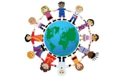 Illustration of Earth surrounded by children from all over the world.